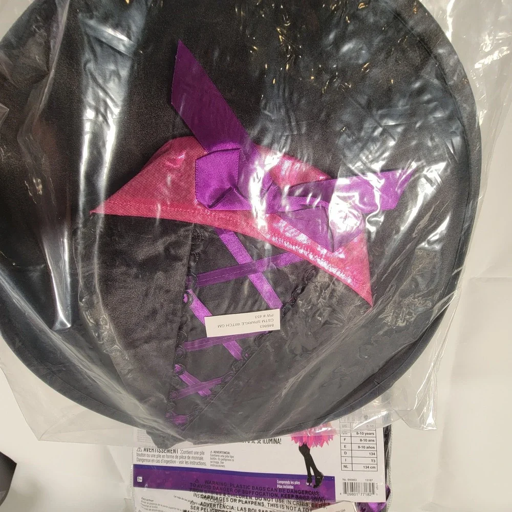 Girls Light-Up Sparkle Witch Costume Medium (8-10) Dress Hat & Wand Purple Pink - Picture 10 of 12